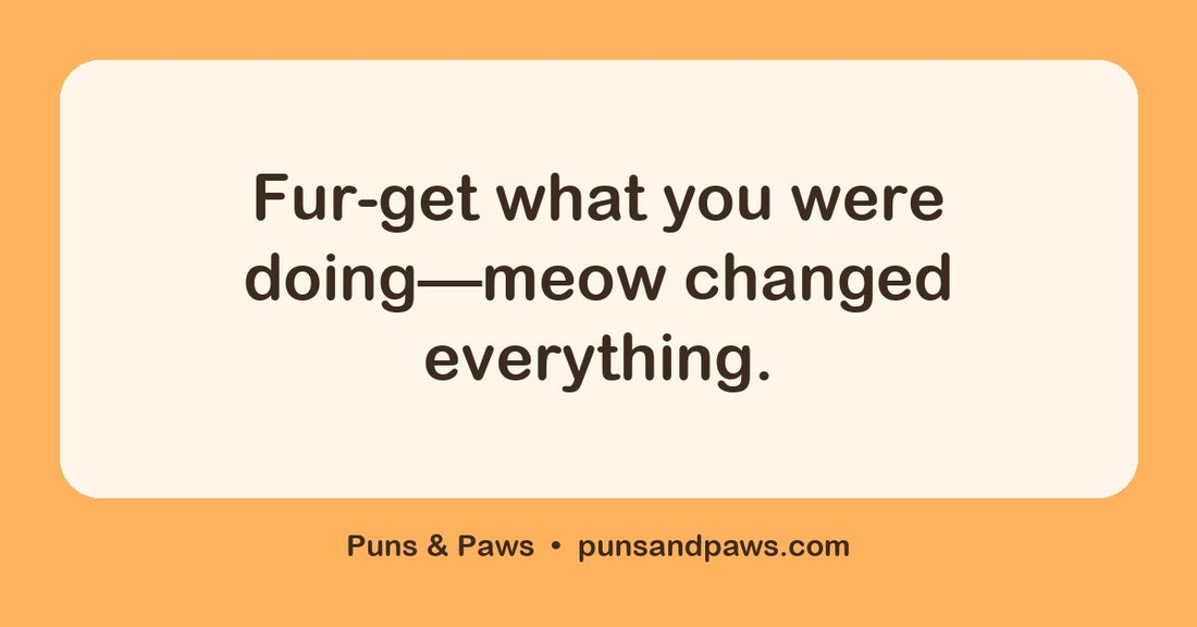 Meow puns hero card by Puns & Paws: "Fur-get what you were doing—meow changed everything."