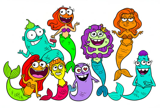 Cheerful cartoon mermaids in a fun group underwater scene — featured image for mermaid puns blog post
