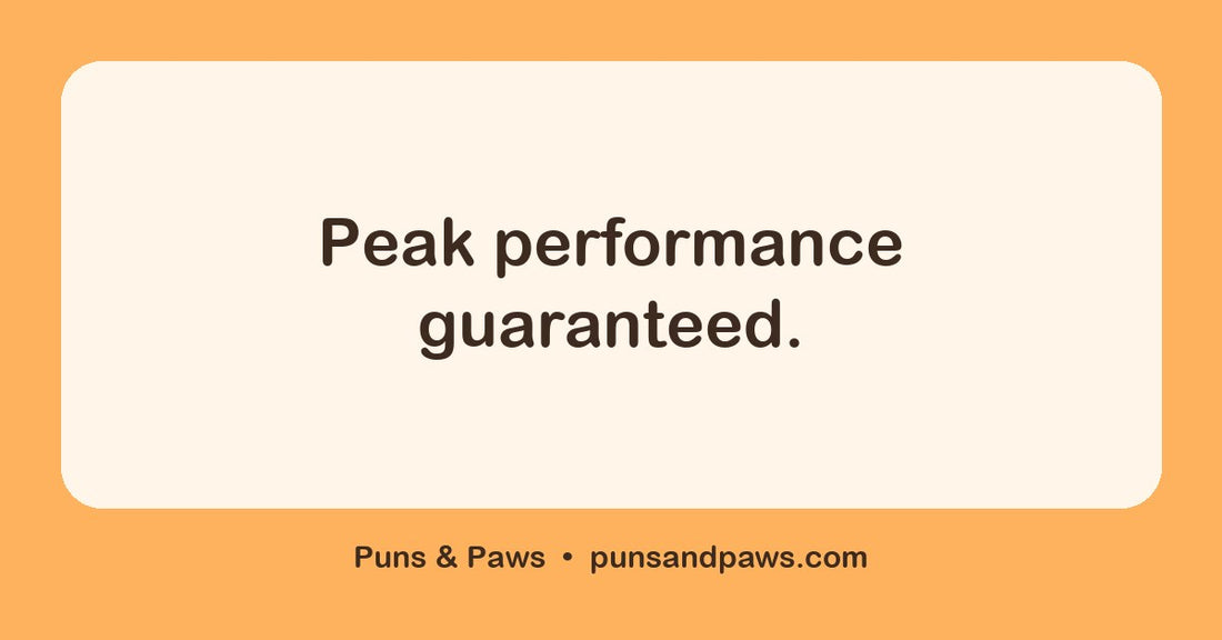 Mountain puns hero card by Puns & Paws: "Peak performance guaranteed."