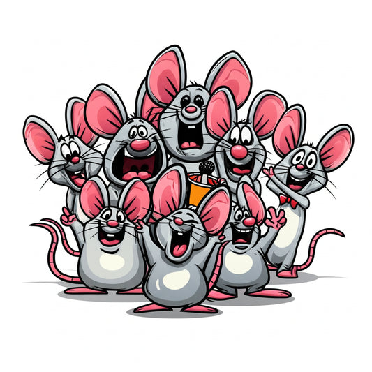 Cute cartoon mice having a cheese party — featured image for mouse puns blog post