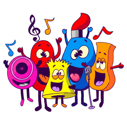 Cartoon music note characters having a fun concert party — featured image for music puns blog post