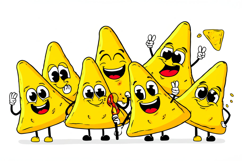 Cheerful cartoon nacho chip characters at a comedy club party with expressive faces and fun poses