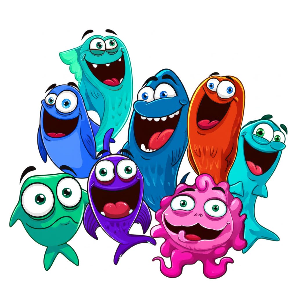 Cartoon ocean and beach characters having a fun seaside party — featured image for ocean puns blog post