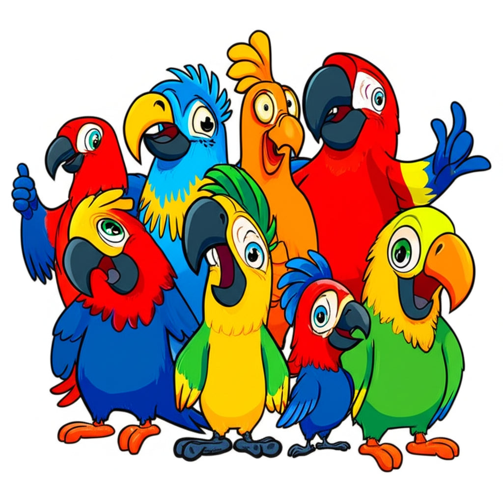 Cartoon parrot characters in a funny group scene — featured image for parrot puns blog post