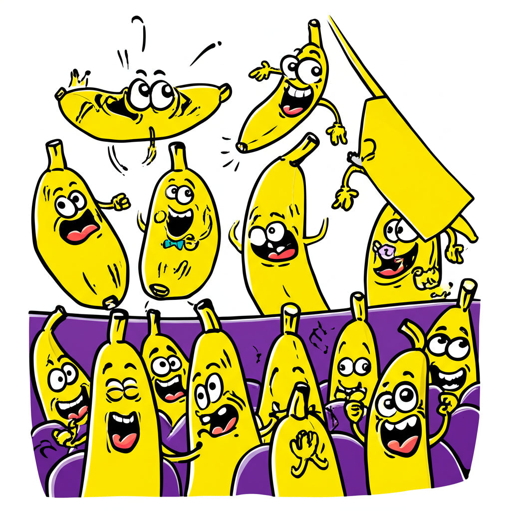 Cartoon banana characters performing at a comedy club — featured image for penis puns blog post