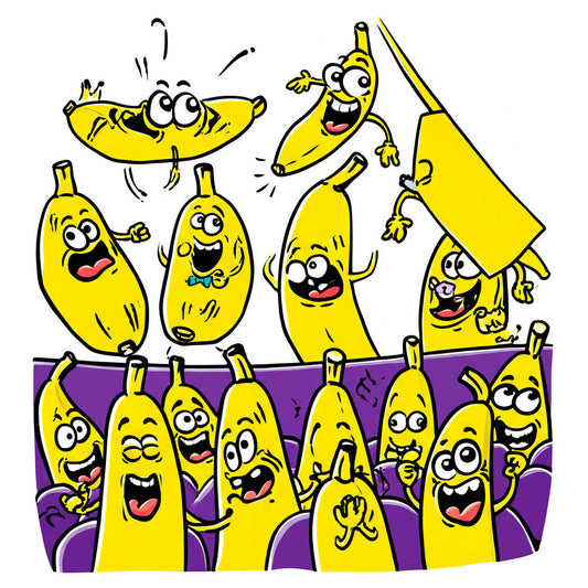 Cartoon banana characters performing at a comedy club — featured image for penis puns blog post