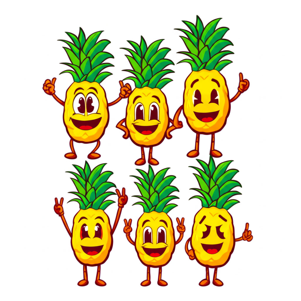 Cartoon pineapple characters having a fun tropical party — featured image for pineapple puns blog post