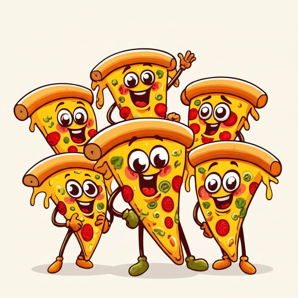 Cartoon pizza characters having a fun party — featured image for pizza puns blog post