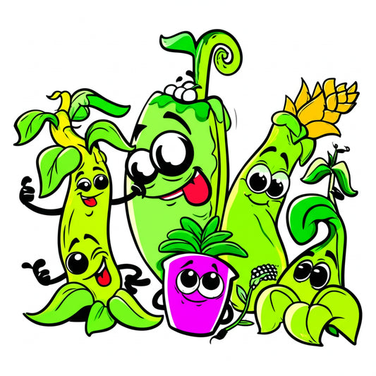 Cartoon plant characters having a fun garden party — featured image for plant puns blog post