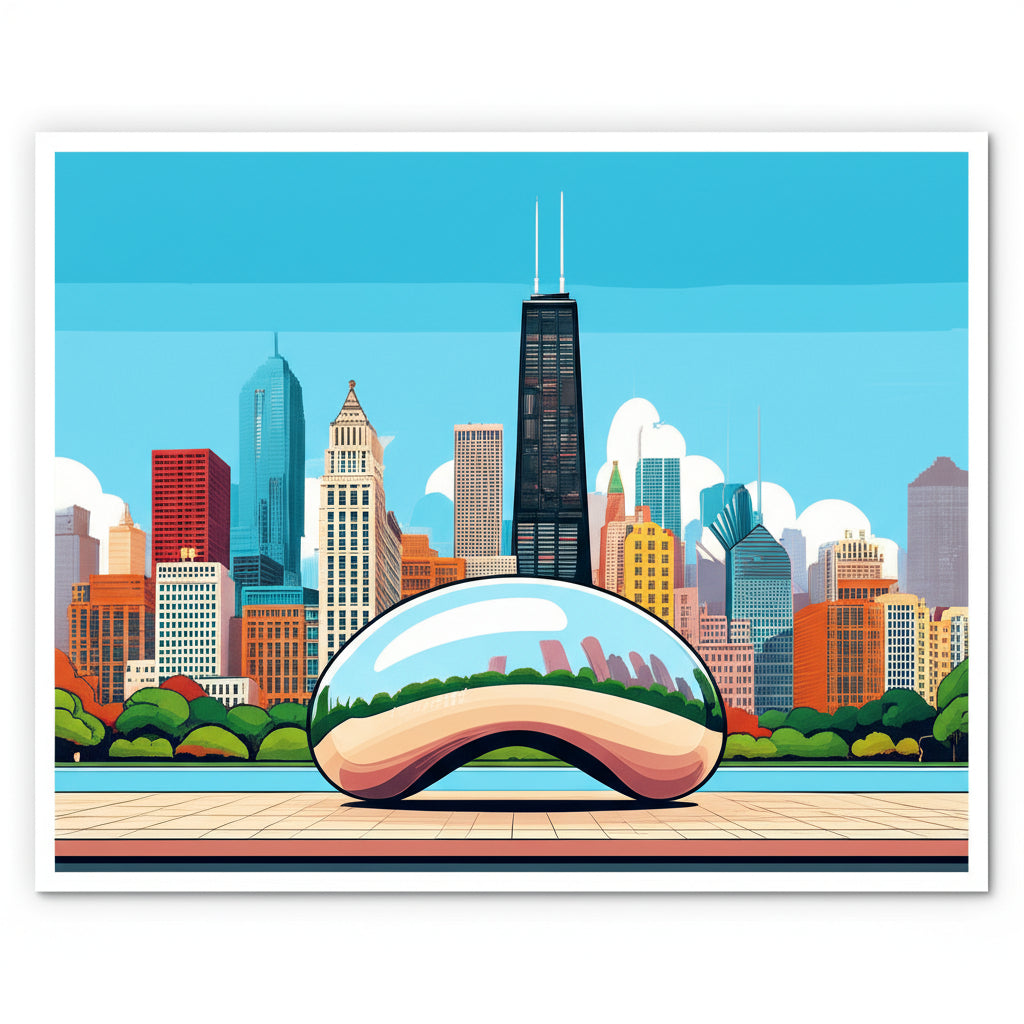 Cartoon Chicago skyline with The Bean in the foreground, colorful cartoon illustration of Illinois landmarks