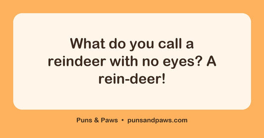 Reindeer puns hero card by Puns & Paws: "What do you call a reindeer with no eyes? A rein-deer!"