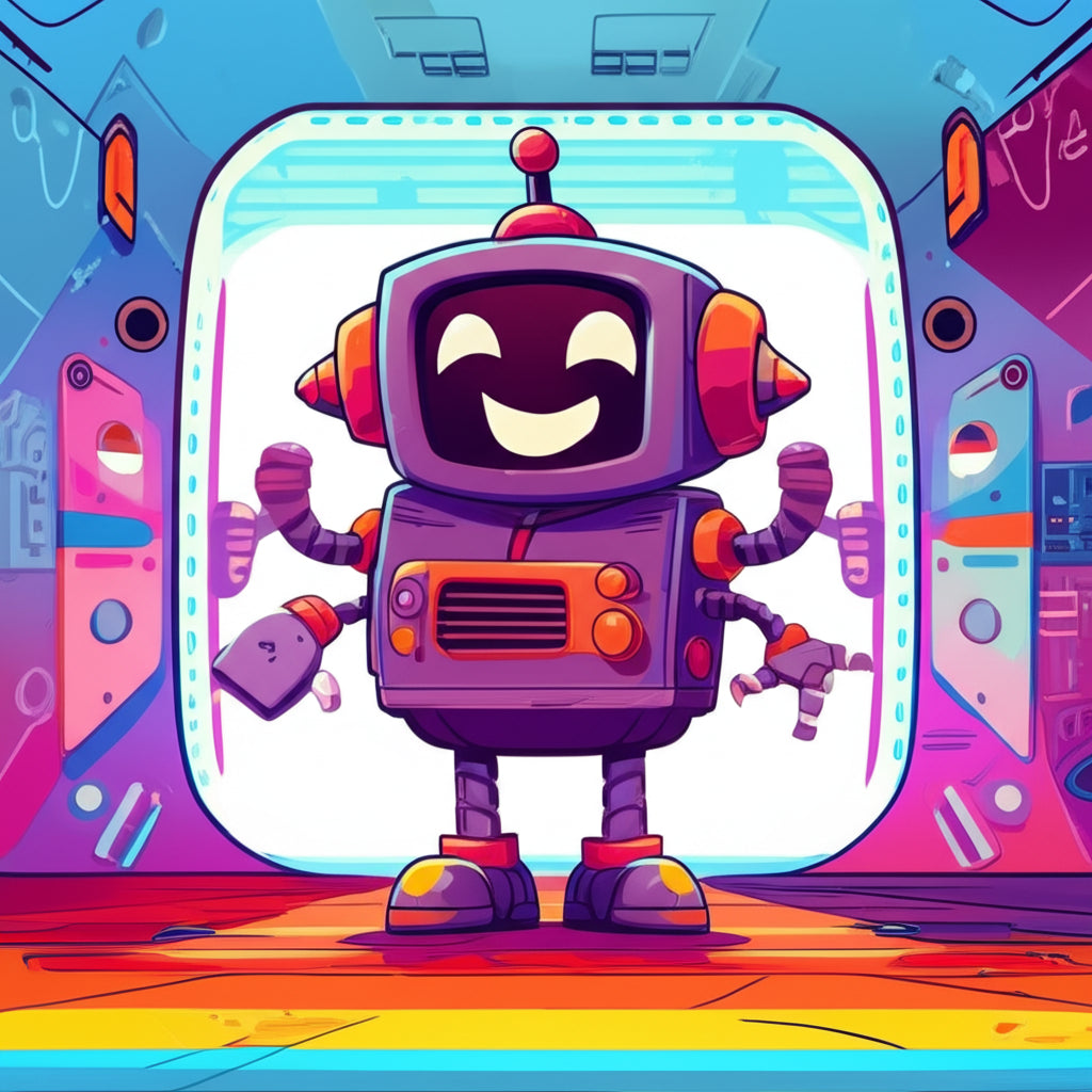 Cheerful cartoon robot with a glowing screen face and antennae standing in a colorful futuristic setting