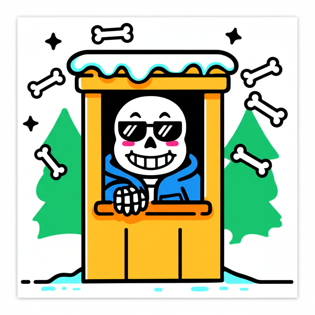 Cartoon skeleton character sitting at a sentry post telling jokes, Undertale-style illustration