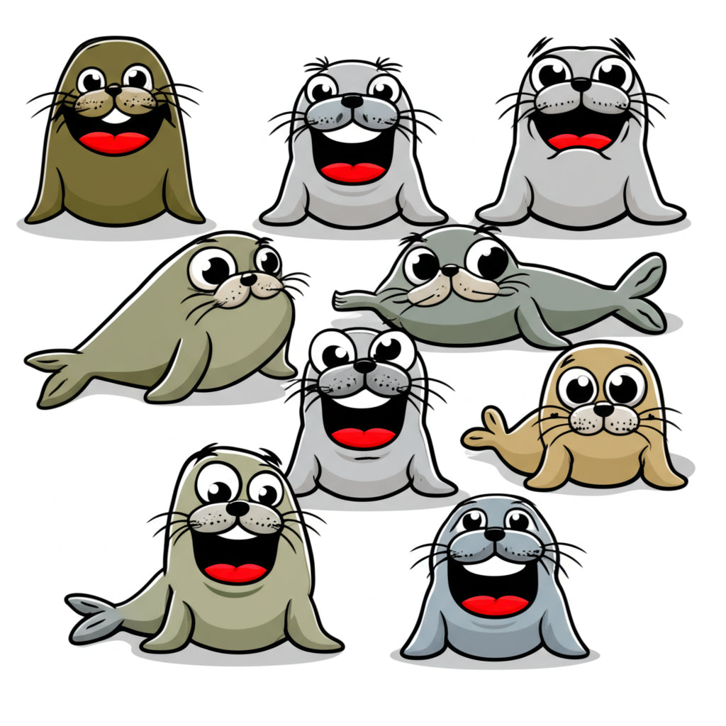 Adorable cartoon seals clapping and laughing on an ice floe — featured image for seal puns blog post