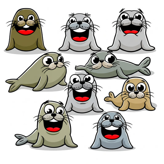 Adorable cartoon seals clapping and laughing on an ice floe — featured image for seal puns blog post