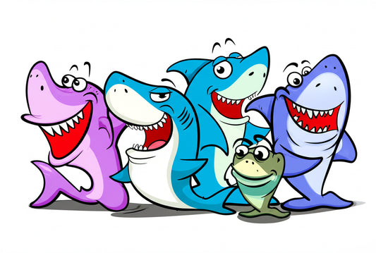 Cartoon shark characters in a funny group scene — featured image for shark puns blog post