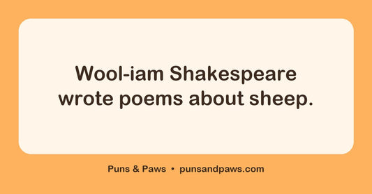 Sheep name puns hero card by Puns & Paws: "Wool-iam Shakespeare wrote poems about sheep."