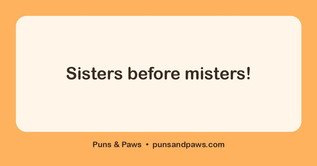 Sister puns hero card by Puns & Paws: "Sisters before misters!"