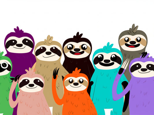 Cartoon sloth characters in a funny group scene — featured image for sloth puns blog post