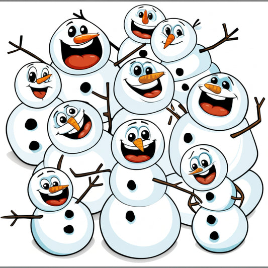 Cheerful cartoon snowmen in silly poses for a snowman puns blog post