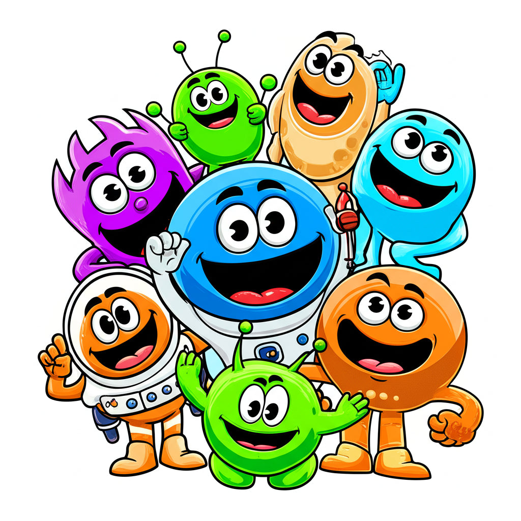 Cartoon astronaut and planet characters having a fun space party — featured image for space puns blog post