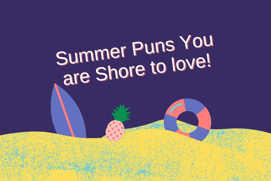 a featured image with pineapple, surfboard and sand with text that says are you "shore" you want these puns?