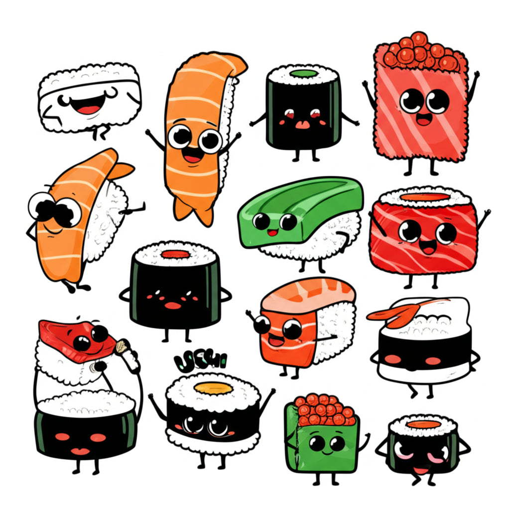 Cartoon sushi characters having a fun Japanese restaurant party — featured image for sushi puns blog post