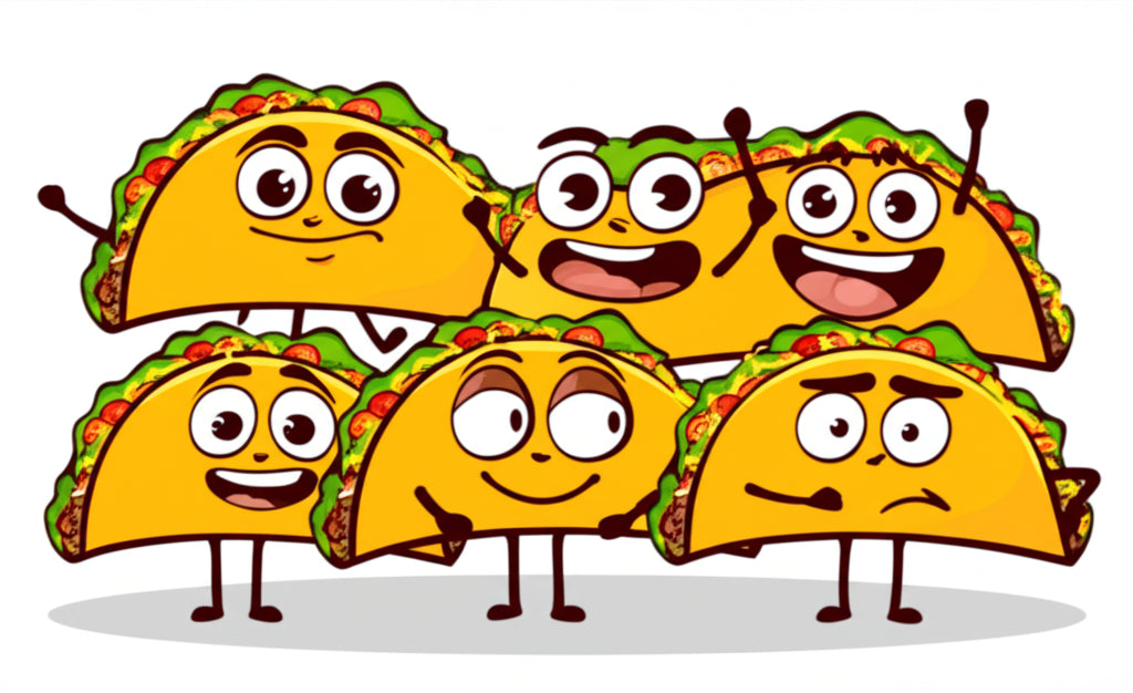 Cartoon taco characters in a funny group scene — featured image for taco puns blog post