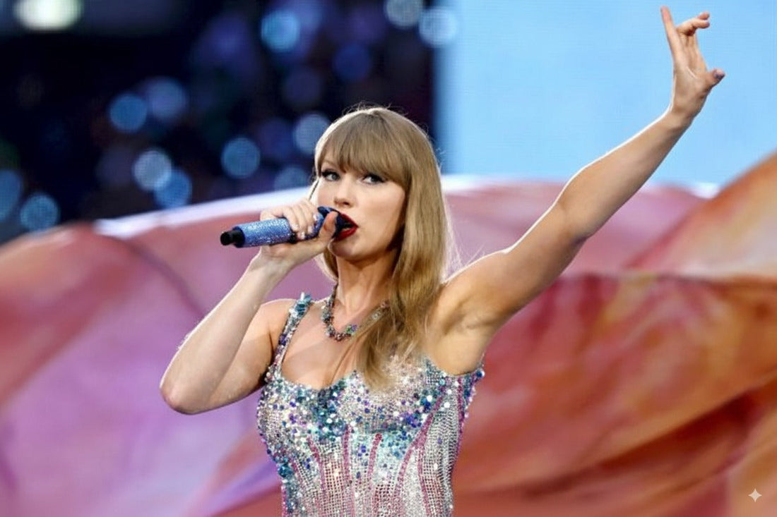 Image of taylor swift singing on stage with a microphone in her hand