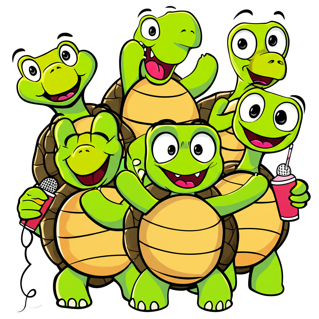 Cartoon turtle characters having a fun party — featured image for turtle puns blog post