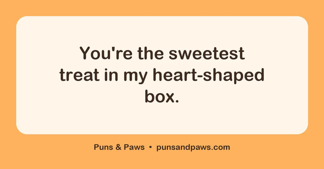 Valentine candy puns hero card by Puns & Paws: "You're the sweetest treat in my heart-shaped box."