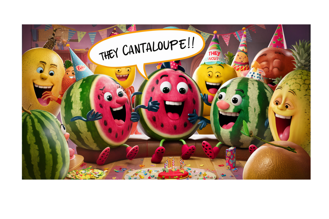 a party full of fruit characters including watermelons telling jokes to one another