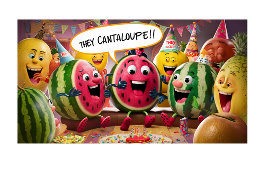 a party full of fruit characters including watermelons telling jokes to one another