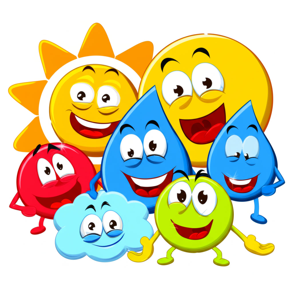 Cartoon weather characters — sun, cloud, and raindrops — having a fun party